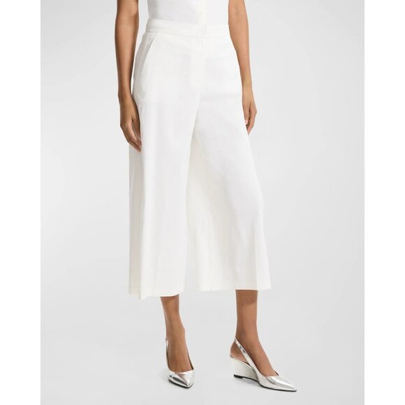 Theory Women's Wide Leg Clean Terena Linen Pants Cropped Hem White SZ 4 NEW $275 - Picture 1 of 3